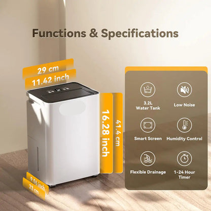 Luchtontvochtiger - Luchtreiniger - Draagbare - 35dB - 3.2L - Energiezuinig - Smart Touch Panel - Automatische Uitschakeling - met Ventilator - voor Thuis - en Kantoorgebruik - Wit