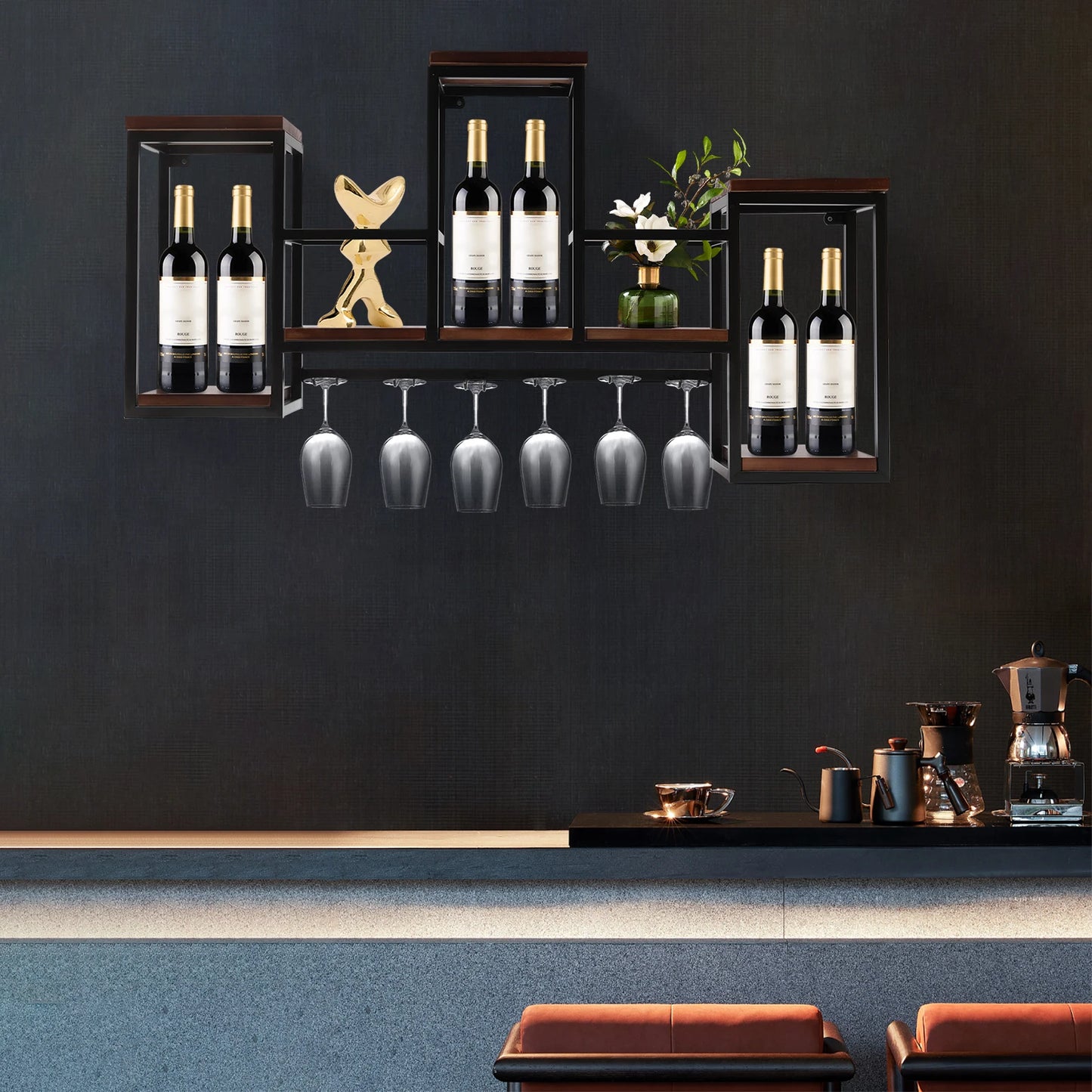Wine Rack Wall Mounted Shelf, Industrial Hanging Display Storage with Holder, Solid Wood Glass Ceiling for Bar Cafe, 106x20x55cm