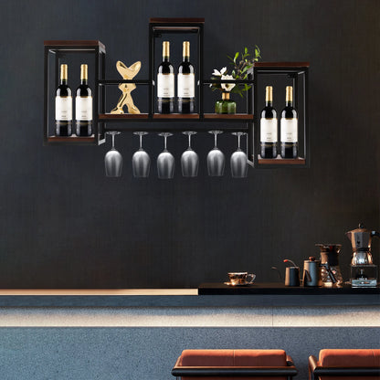 Wine Rack Wall Mounted Shelf, Industrial Hanging Display Storage with Holder, Solid Wood Glass Ceiling for Bar Cafe, 106x20x55cm