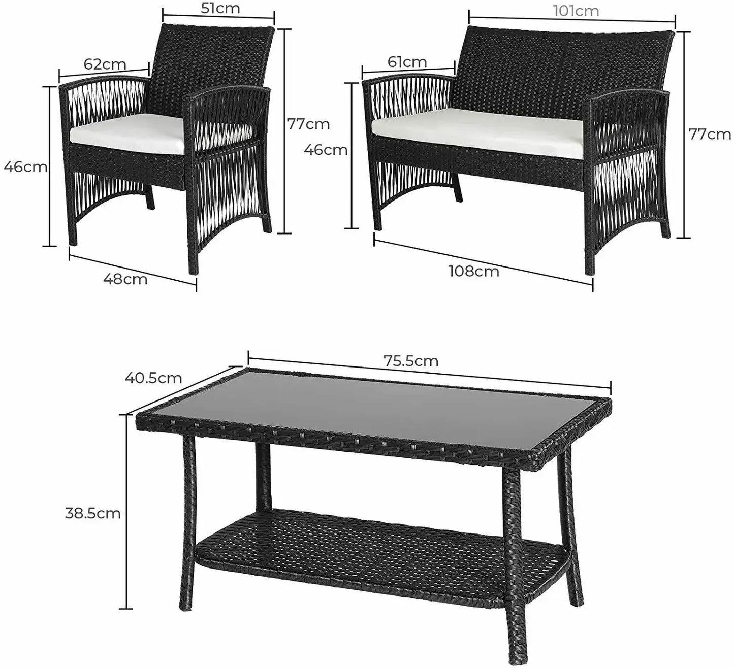 Tuinmeubelset - Tuinset - Bistroset - Tuintafel met Stoelen - Balkonset met Kussen - Glas Tafelblad - Stoelen & Tafel - Rietenmeubelset - voor Tuin - Terras - Balkon - Buiten - Zwart