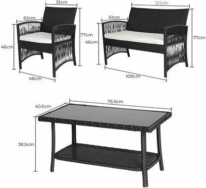 Tuinmeubelset - Tuinset - Bistroset - Tuintafel met Stoelen - Balkonset met Kussen - Glas Tafelblad - Stoelen & Tafel - Rietenmeubelset - voor Tuin - Terras - Balkon - Buiten - Zwart
