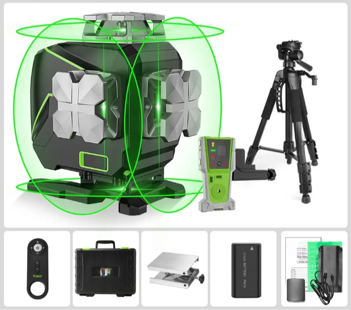 Laserwaterpas – 16-Lijnen Laserwaterpas – Groene Laserwaterpas – Zelfnivellerend – Bluetooth – 5 Uur Accuduur – IP54 Weatherproof - met Ontvanger - Statief