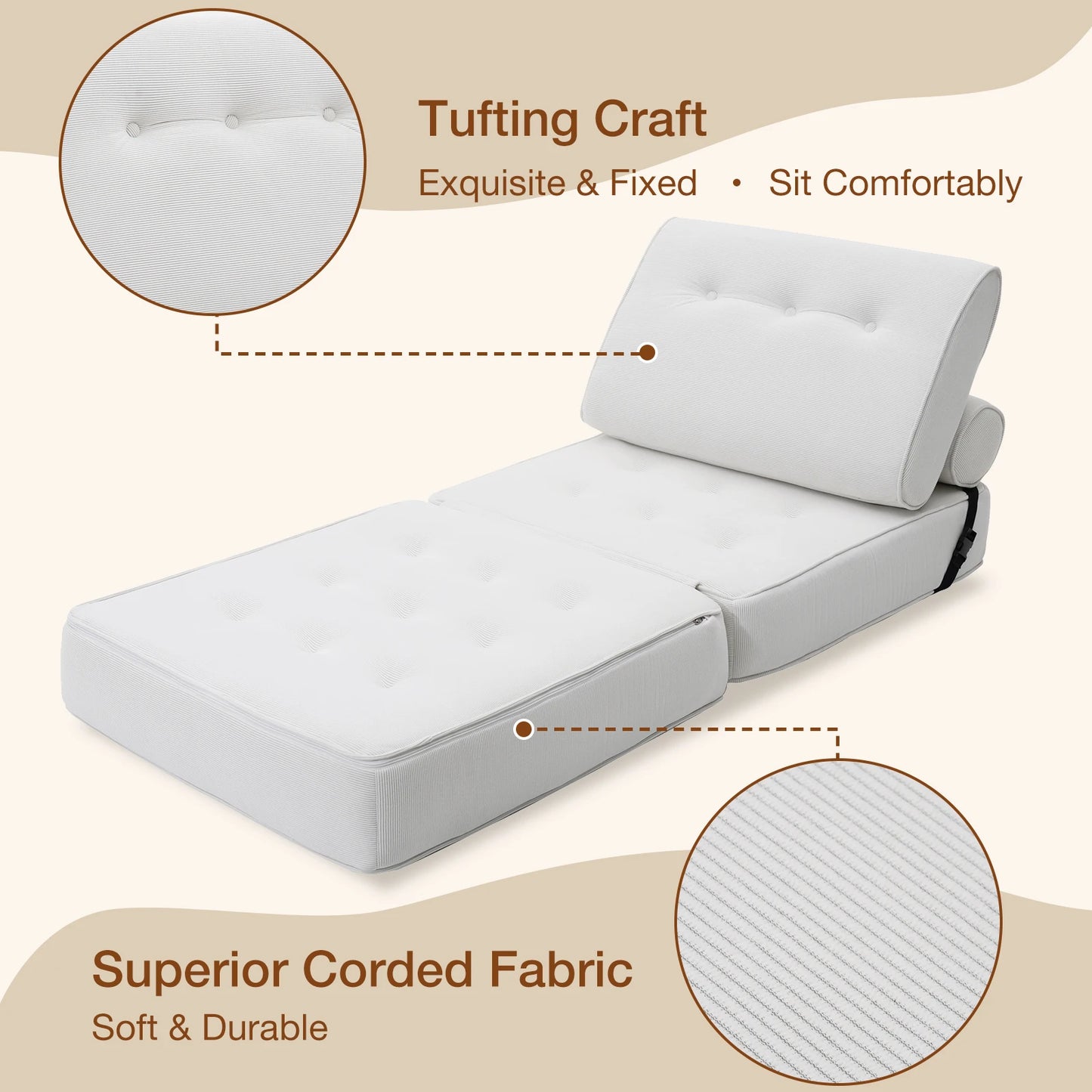 Inklapbare Slaapstoel – Slaapbank – Relaxstoel – Logeerstol – Bedstoel – Beige – Corduroy-Achtige Stof – Virgin Foam Matras