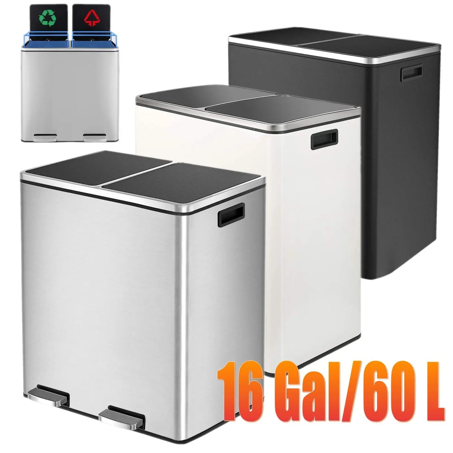 Prullenbak - Prullenbak 60L - Prullenbakken - Prullenmand - RVS - Prullenbak met Voetpedaal - Handsfree, Dubbel Compartiment & Soft-Close Deksel - Wit - QUORE