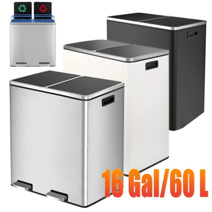 Prullenbak  - Prullenbak 60L - Prullenbakken - Prullenmand - RVS - Prullenbak met Voetpedaal - Handsfree, Dubbel Compartiment & Soft-Close Deksel - Zwart - QUORE