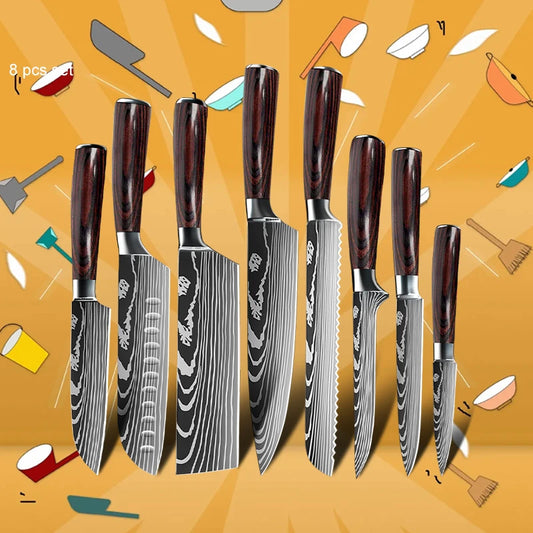 Kitchen Knives - Knife set - Chef Knife - Knives - Kitchen Knife - Japanese 7CR17 440C High Carbon - Stainless Steel - Laser Damascus Pattern Knife - 8 Pieces