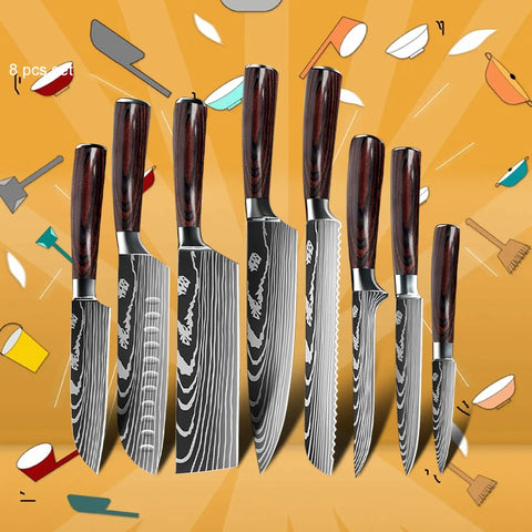 Keukenmessen - Knife set - Chef Knife - Knives - Kitchen Knife - Japans 7CR17 440C Hoog Koolstof - Roestvrij Staal - Laser Damascus Patroon Mes - 8 Stuks