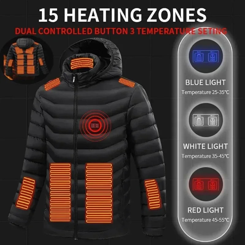 Verwarmingsjas - Verwarmde Bodywarmer - Verwarmde Kleding - 15 Areas Verwarmde Jas - Unisex - Winter Outdoor - Verstelbare Verwarmingsjas - USB Aangedreven - Thermische Jas voor Skiën Kamperen - Maat XL - Blauw