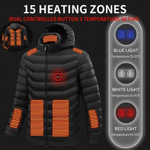 Verwarmingsjas - Verwarmde Bodywarmer - Verwarmde Kleding - 15 Areas Verwarmde Jas - Unisex - Winter Outdoor - Verstelbare Verwarmingsjas - USB Aangedreven - Thermische Jas voor Skiën Kamperen - Maat XXL - Zwart