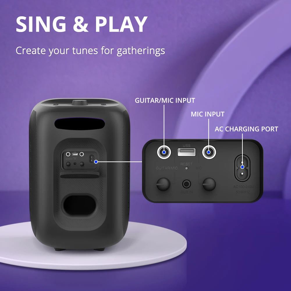 Bluetooth Speaker - Speakers - Partybox - Muziekbox - 120W - met 2 Microfoons - Gitaaringang en 3-Weg Geluidssysteem - Draagbare Speaker - Karaoke - met Lichtshow en Bedrade/Built-in Mic - Zwart