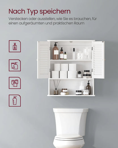 Medicijnkast Wandgemonteerde - Badkamerkast Hangend Wandkast - Badkamerkast - Medicijnkast Met in Hoogte Verstelbare Planken - Badkamerkast - Dubbele Deur - Open Compartiment -  60 x 20 x 70 cm - Wit - QUORE