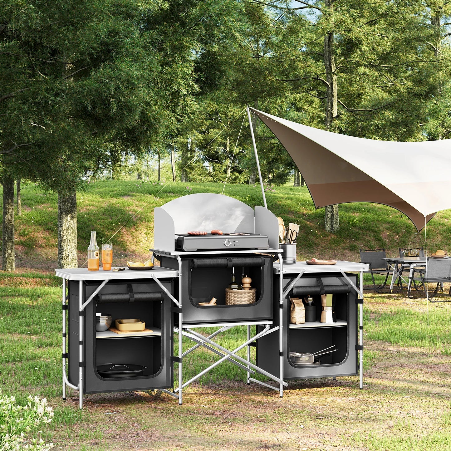 Campingkast - Campingkeuken - Campingkast Opvouwbaar - Kampeerkast - met Werkbladen - Aluminium Reiskeuken - Met Opbergruimte en Draagtas - voor Buiten, Tuin en BBQ – Zwart