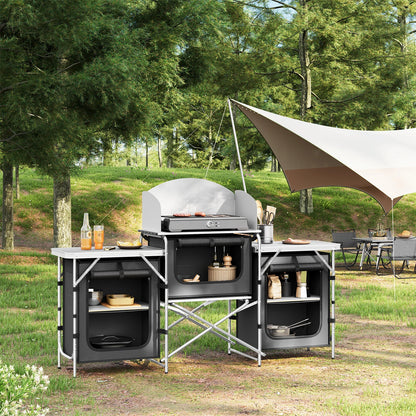 Campingkast - Campingkeuken - Campingkast Opvouwbaar - Kampeerkast - met Werkbladen - Aluminium Reiskeuken - Met Opbergruimte en Draagtas - voor Buiten, Tuin en BBQ – Zwart