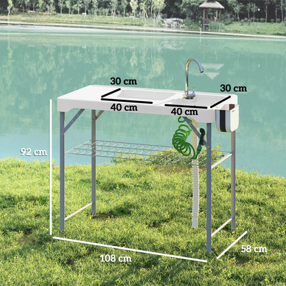 Draagbare Vis- En Campingtafel – Inklapbare Tafel – Spoelbaktafel – Buiten Tafel – HDPE Waterbestendig – Met Kraan En Opbergruimte - 108 x 58 x 92 cm - Wit