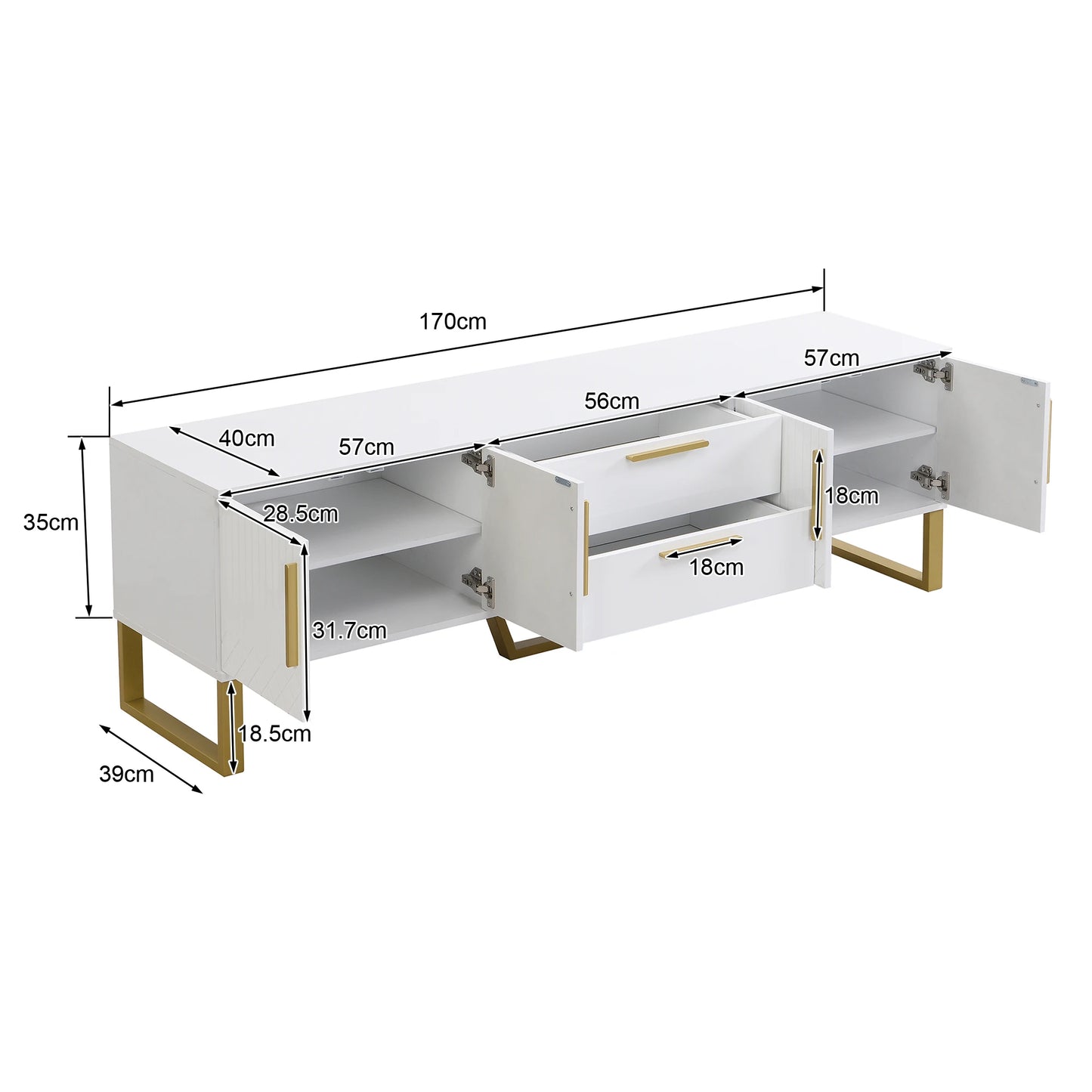 Hoogglans TV-meubel – Tv-kast – Media Meubel – Woonkamerkast – Opbergmeubel – Wit – MDF – 170x40x53 cm – 4 Deuren & 2 Lades