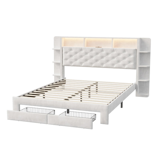 Bed – Slaapbed – Ledikant – Opbergbed – Velvet Bekleding – USB Oplaadpoort – Verstelbare Ledverlichting
