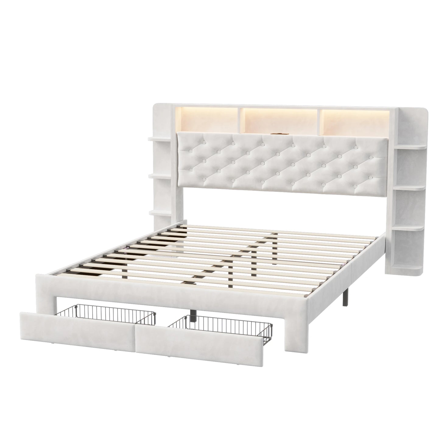 Bed – Ledikant – Slaapbank – Opbergbed – Fluwelen Bekleding – USB Oplaadpoort – Verstelbare LED-verlichting