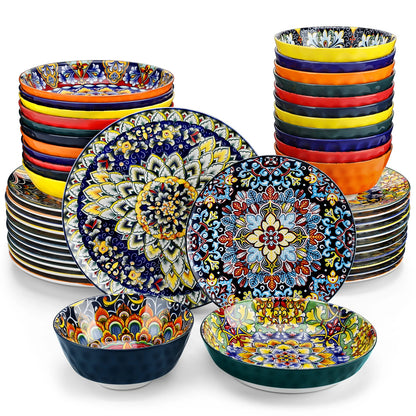 Servies - Servies set - 48 Stuks - Keramisch - Steengoed - Met Diner/Dessertbord -  Ontbijtgranen - Pastakom - Bohemian Stijl