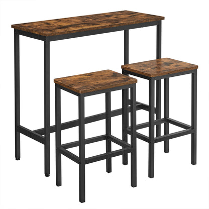 Bartafelset - Hoge Tafel - Metalen Frame -Industrieel Ontwerp - Voor Eetkamer - Woonkamer - Vintage Bruin - (100 x 40 x 90 cm) met 2 Barkrukken (elk 30 x 40 x 65 cm) - Zwart - QUORE