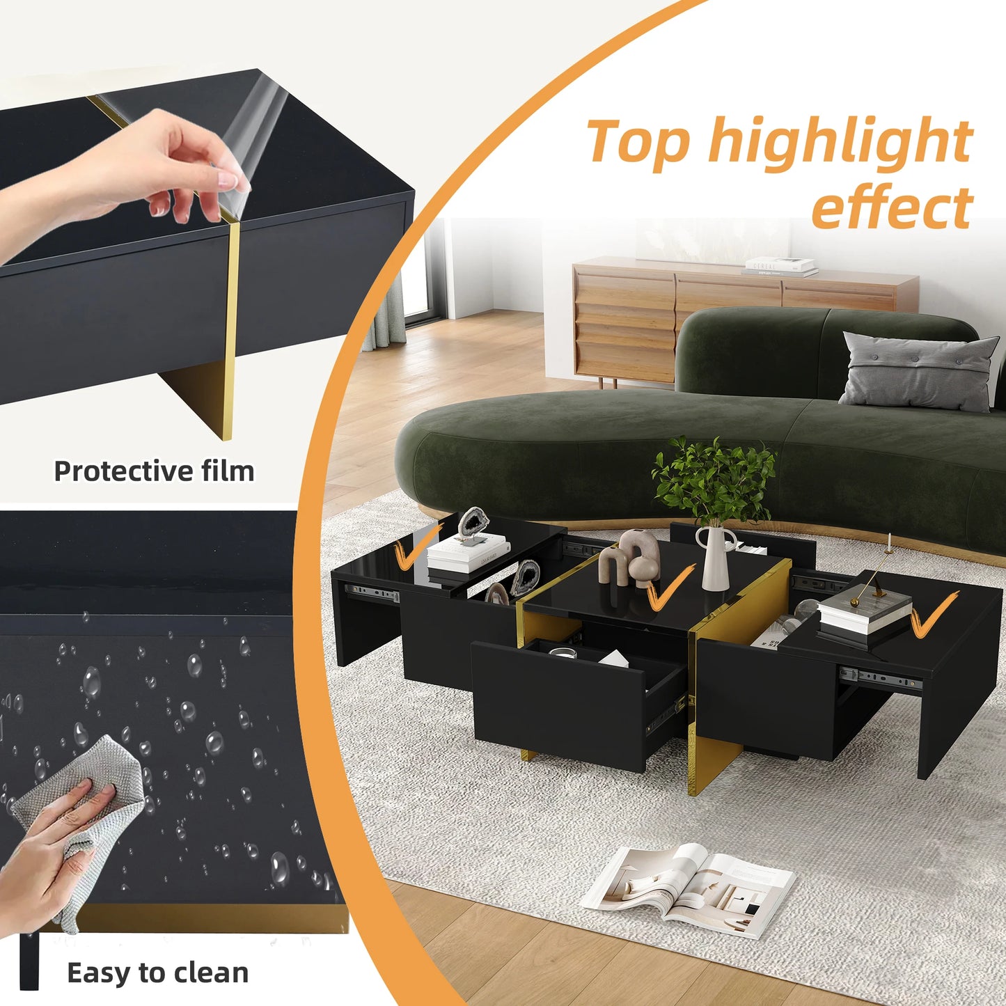 Zwart Hoogglans Salontafel – Koffietafel – Tafel – Woonkamertafel – Opbergtafel – 4 Lades – Compact MDF 100x50x35 cm