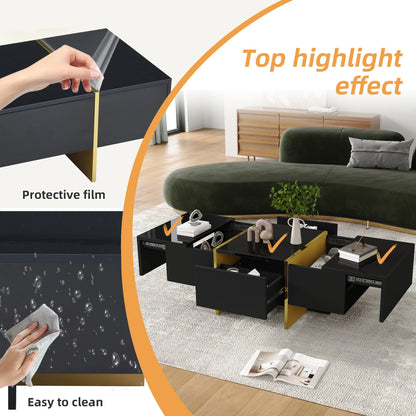 Zwart Hoogglans Salontafel – Koffietafel – Tafel – Woonkamertafel – Opbergtafel – 4 Lades – Compact MDF 100x50x35 cm