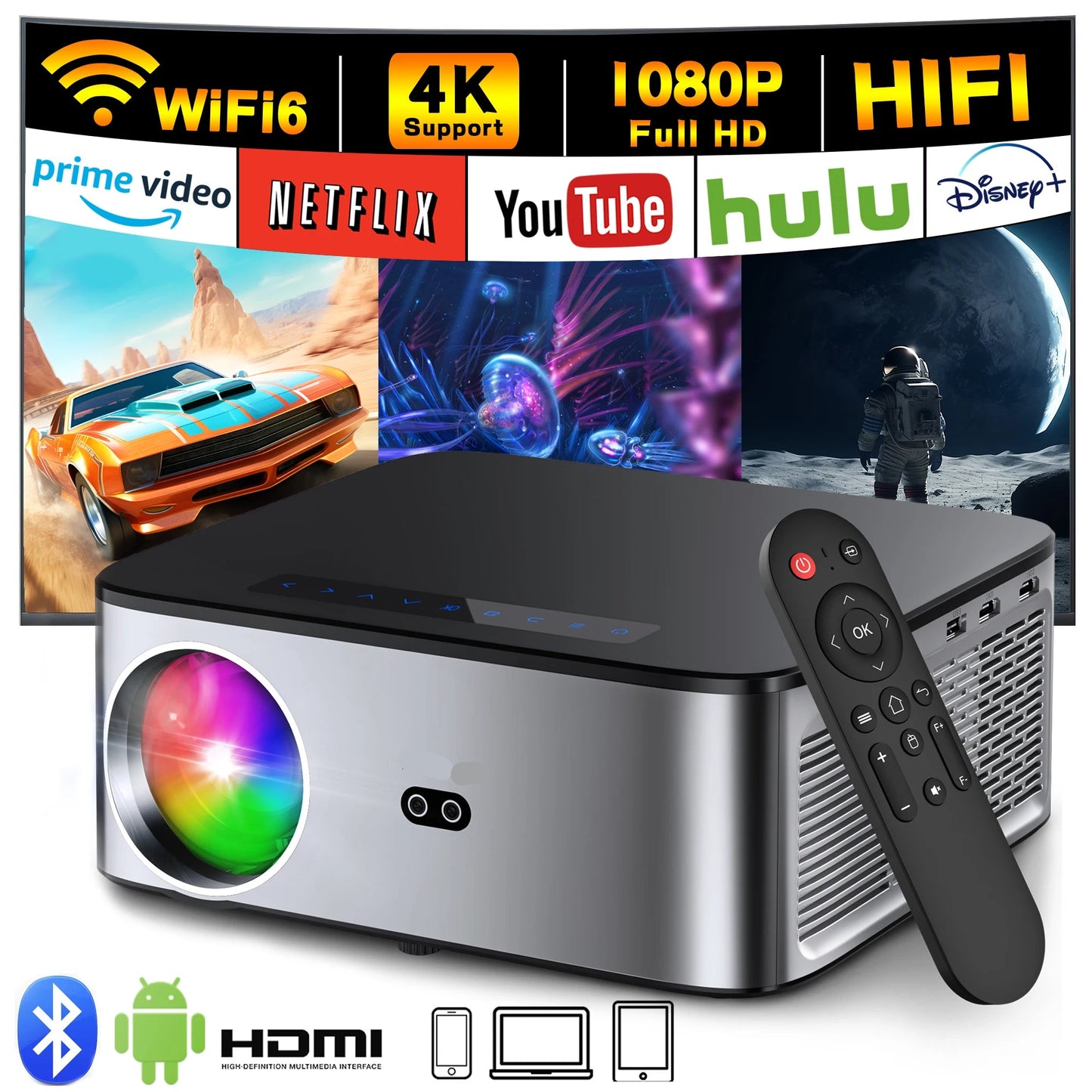 Mini Beamer - Projector - Digitale Beamer - Draagbaar - 1080P - LED - Met Autofocus - 26000LM - Android 4K Projector - 8K Video - HiFi Audio - 800 ANSI - 95W - 2.4/5GHz WiFi - Android 9.0 system - Zwart/Grijs