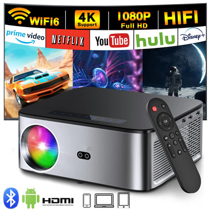 Mini Beamer - Projector - Digitale Beamer - Draagbaar - 1080P - LED - Met Autofocus - 26000LM - Android 4K Projector - 8K Video - HiFi Audio - 800 ANSI - 95W - 2.4/5GHz WiFi - Android 9.0 system - Zwart/Grijs