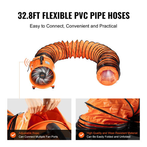 Vevor - Extractor fan - Industrial ventilation - Fan with 10M PVC duct hose - 230W - Portable extractor fan - for warehouse and home - Orange