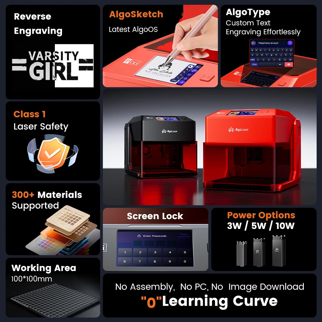 AlgoLaser PIXI Laser Engraver Portable 3/5/10W Power Covered 3.5"Touch Screen Business Engraving Machine Customized Artwork Tool