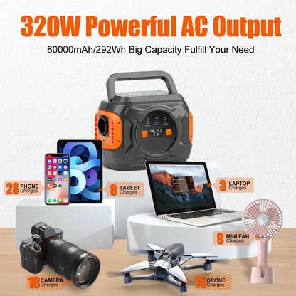 Powerstation - Stroomgenerator - Mini-Generator - Draagbare - Krachtcentrale - voor Thuis - Tenten - Buiten - Kamperen - 292Wh - 320W - 80000mAh - Zwart/Oranje