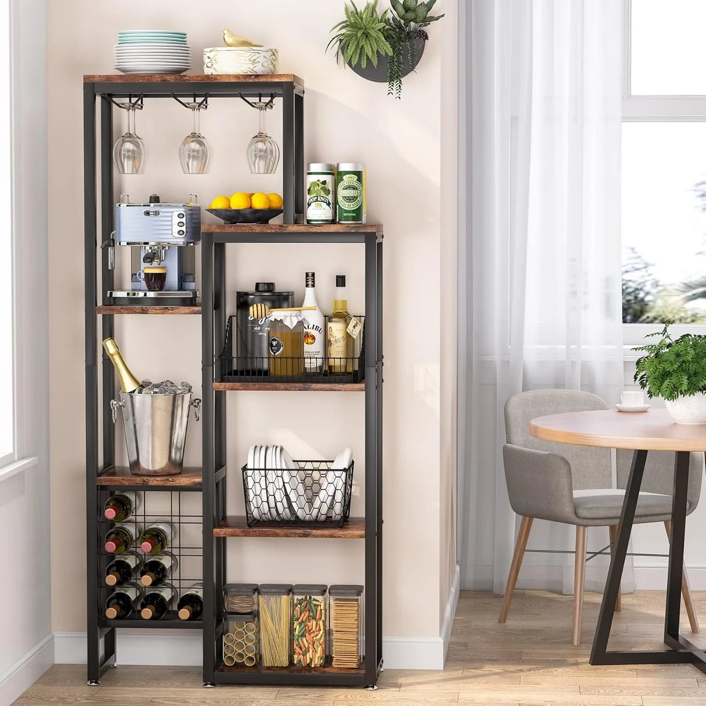 Wijnrek Industrieel – Drankkast van Hout en Metaal – Wijnkast met Wijnglashouders & Flessenhouders – 175 x 80 x 31,5 cm – Stijlvol en Functioneel