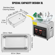 Vevor - Ultrasonic cleaner - Stainless steel - Portable - 33-40 kHz - 220V - Cleaning device for jewelry and glasses - Capacity 3L - Silver