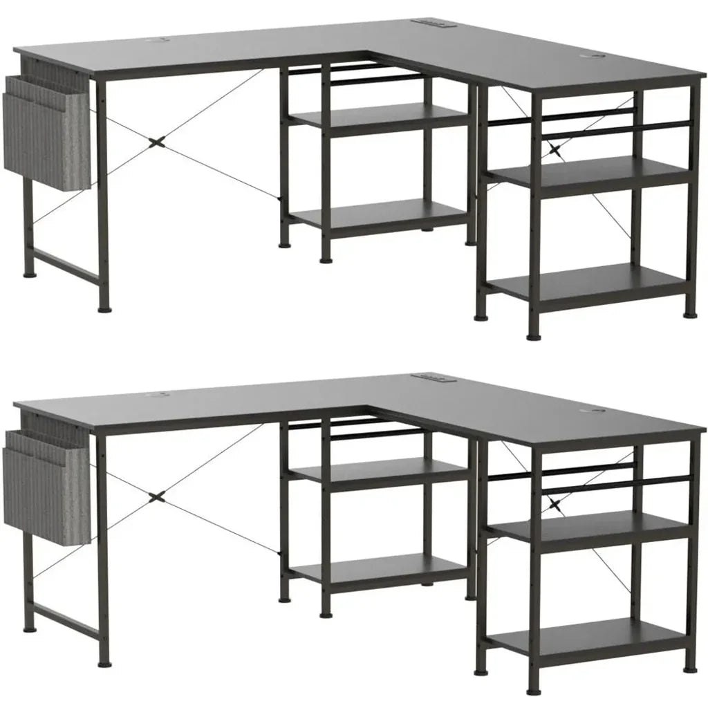 L-vormig Bureau – Hoekbureau – Gaming Bureau – Computerbureau – Werkplek Bureau – RGB LED Verlichting – Ingebouwde Power Hub – 148 cm – Omkeerbaar Design – Zwart - QUORE