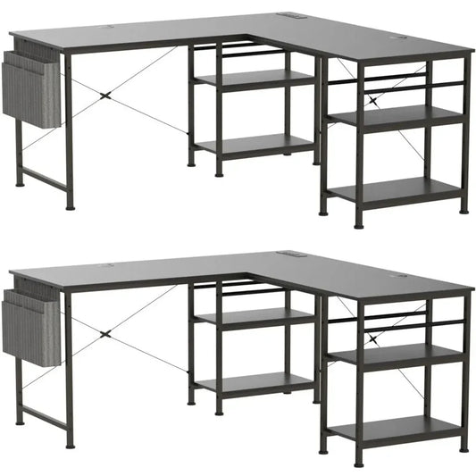L-vormig Bureau – Hoekbureau – Gaming Bureau – Computerbureau – Werkplek Bureau – RGB LED Verlichting – Ingebouwde Power Hub – 148 cm – Omkeerbaar Design – Zwart - QUORE