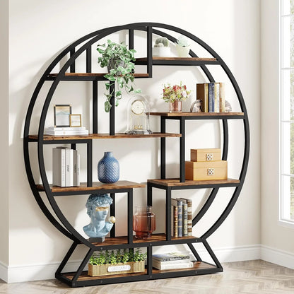 Ronde Boekenkast – Boekenplank – Boekenkast Industrieel – Etagère – Open Kast – 160 cm Hoogte – Metalen Frame en Houten Planken