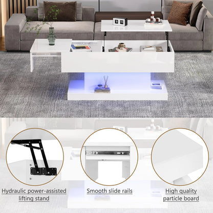 Salontafel – Koffietafel – Bijzettafel – Woonkamertafel – Tafeltje – Hoogglans Wit – Hydraulisch Hefmechanisme – LED Verlichting & Opbergruimte