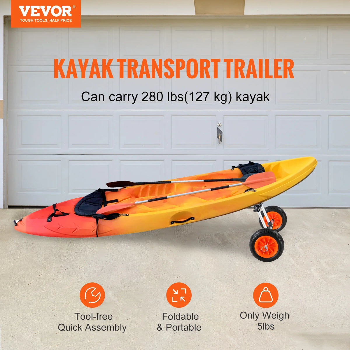 Vevor - Handtrailer Boot - Boottrailer Dolly - Dolly - Heavy Duty Kayak Cart - Afneembare Kano Trolley Cart - met 10'' massieve banden - Verstelbare Breedte & Top Foam Protection - Zwart - QUORE