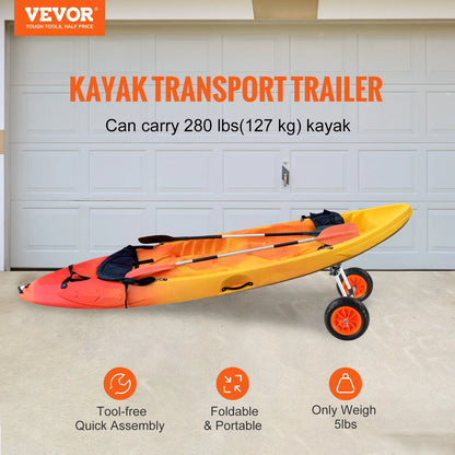 Vevor - Handtrailer Boot - Boottrailer Dolly - Dolly - Heavy Duty Kayak Cart - Afneembare Kano Trolley Cart - met 10'' massieve banden - Verstelbare Breedte & Top Foam Protection - Zwart - QUORE