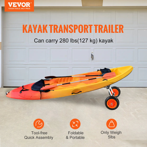 Vevor - Handtrailer Boot - Boottrailer Dolly - Dolly - Heavy Duty Kayak Cart - Afneembare Kano Trolley Cart - met 10'' massieve banden - Verstelbare Breedte & Top Foam Protection - Zwart
