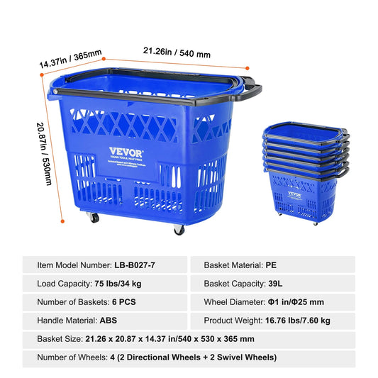 Winkelmandje - Winkelwagen - Boodschappentrolley - Boodschappenwagen - 39L - Rolling Winkelwagen met Handvatten & Wielen - Draagbaar - voor Supermarkten Winkels Kruidenierswinkel - Blauw - 6st