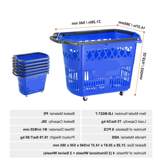 Winkelmandje - Winkelmand - Winkelwagen - Winkelkar - op Wieltjes - 39L Inhoud met Handgreep voor Supermarkten en Winkels - Boodschappentrolley - Boodschappenwagen - Set van 6 - Blauw - QUORE