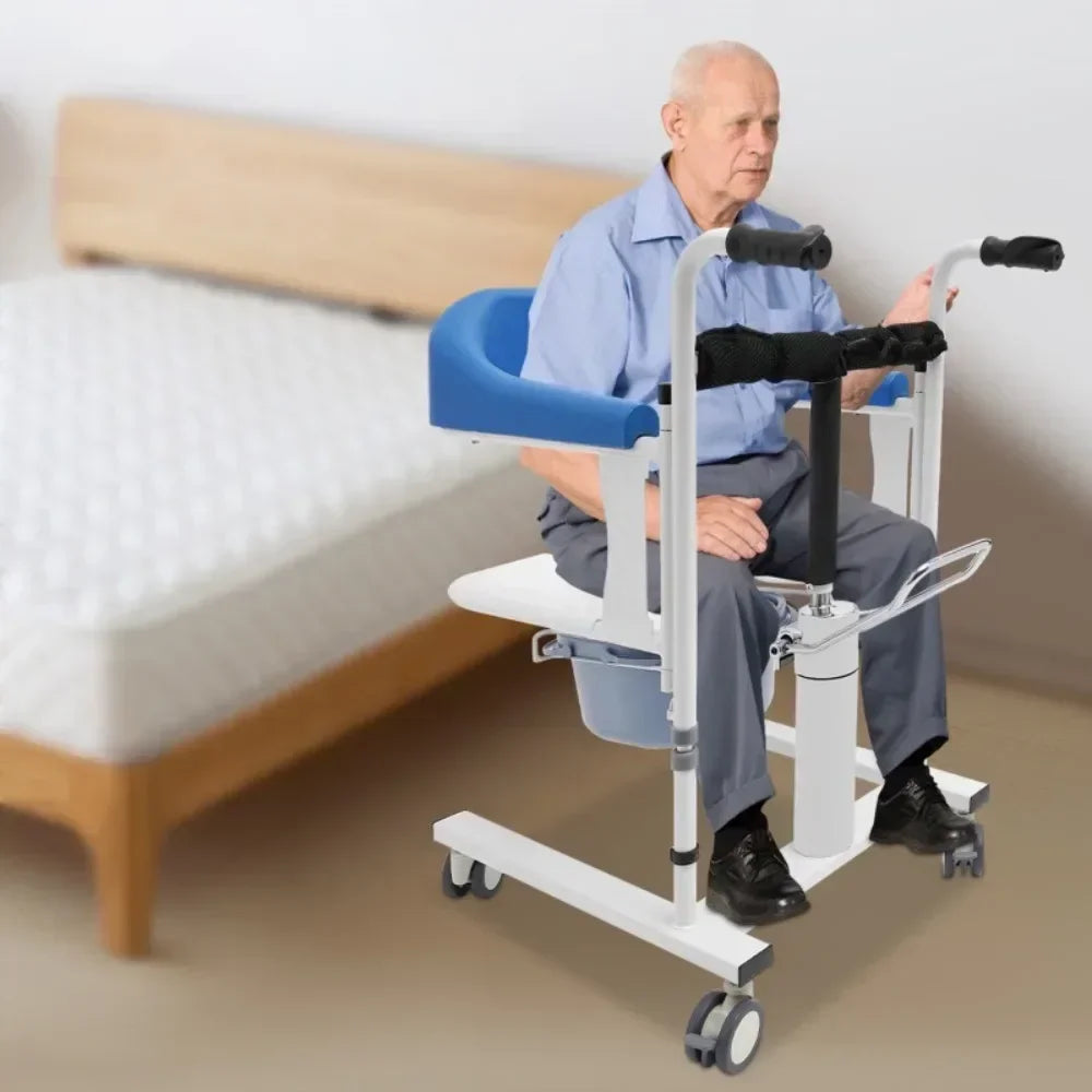 Transportrolstoel - Rolstoel - Rollator - Patiëntenlift - Douchestoel met Wielen voor Senioren – Verplaatsbare Toilet – Comfortabel & Veilig – Wit/Blauw