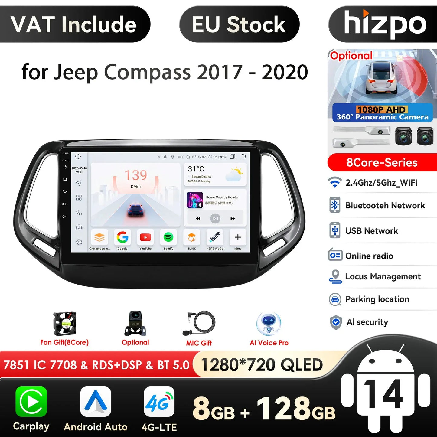Hizpo Car Android 14 for Jeep Compass 2017 -2020 Auto Radio Multimedia Player GPS Navigation Carplay Stereo 4G BT No 2din DVD AI