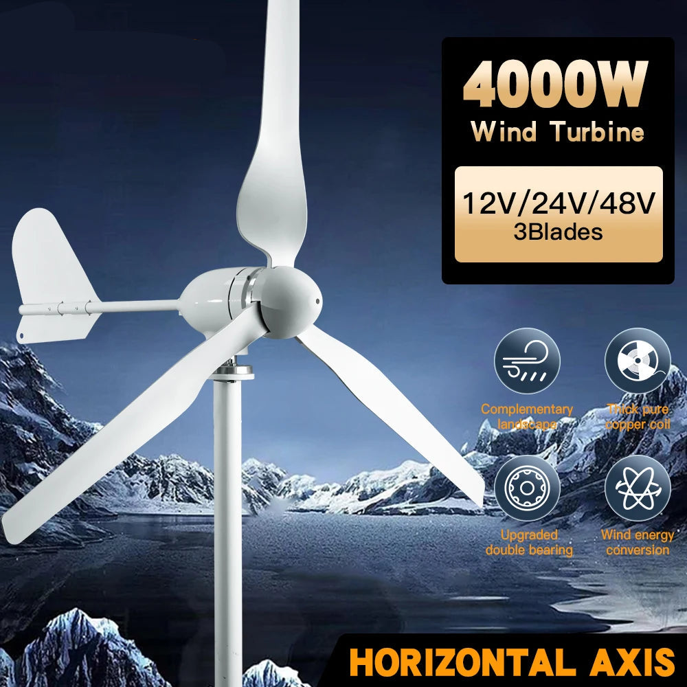 Windturbine - Windmolen - Windturbine Generator - Windenergie - 4000W - 48V - met MPPT Controller - Stille en Efficiënte 3-Bladige Oplossing - voor Huishoudens en Off Grid Toepassingen - QUORE