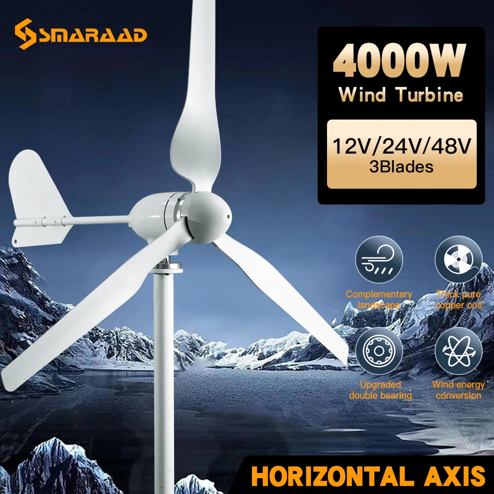 SMARAAD Horizontal Wind Generator 4000W  Turbine MPPT Controller 12V 24V 48V Low Noise Medium Windmill Household Small