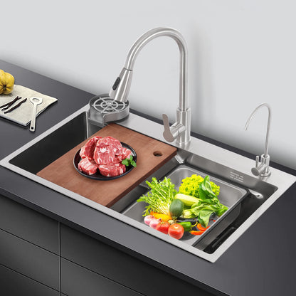 Multifunctionele Spoelbak – RVS Spoelbak – Keukenspoelbak – Inbouw Spoelbak – Horeca Spoelbak – Grote Afmeting 75x45x22 cm – Krasbestendig Met Uittrekbare Kraan - QUORE