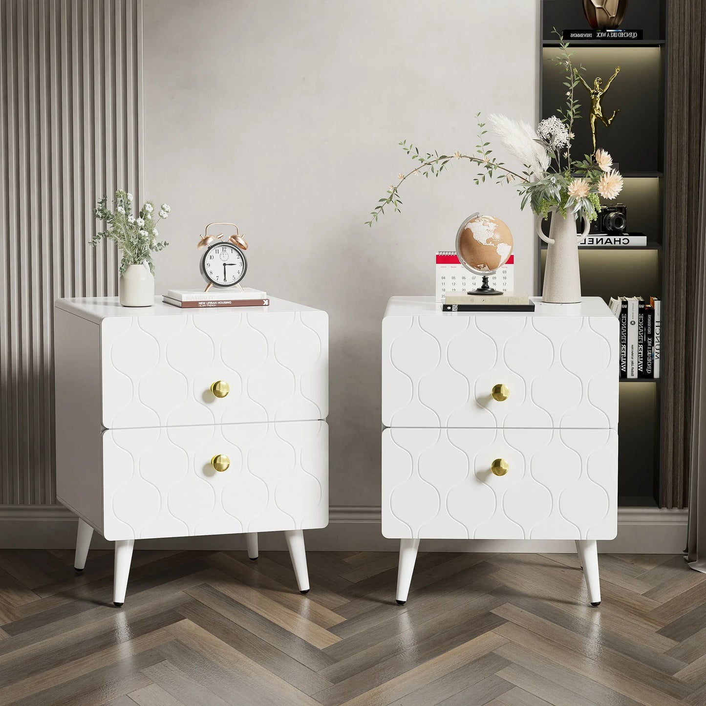 Modern Nachtkastje - Wit - set van 2 - Vergulde handgrepen - Golfpatroon - met 2 laden - gelakt - hoeken in stootvast ontwerp - 39,5 B*40 D*50 H cm - QUORE