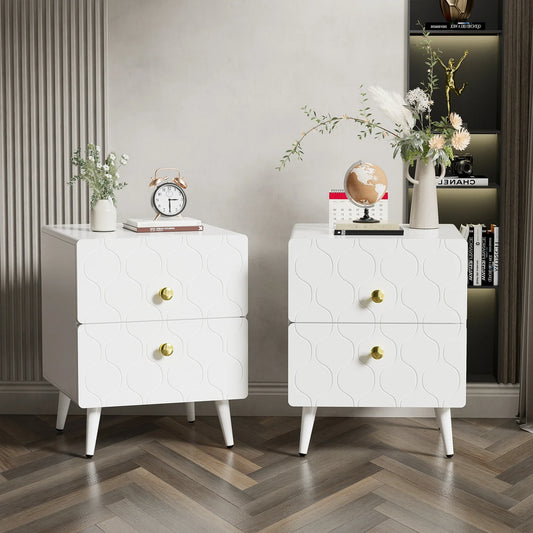 Modern Nachtkastje - Wit - set van 2 - Vergulde handgrepen - Golfpatroon - met 2 laden - gelakt - hoeken in stootvast ontwerp - 39,5 B*40 D*50 H cm - QUORE