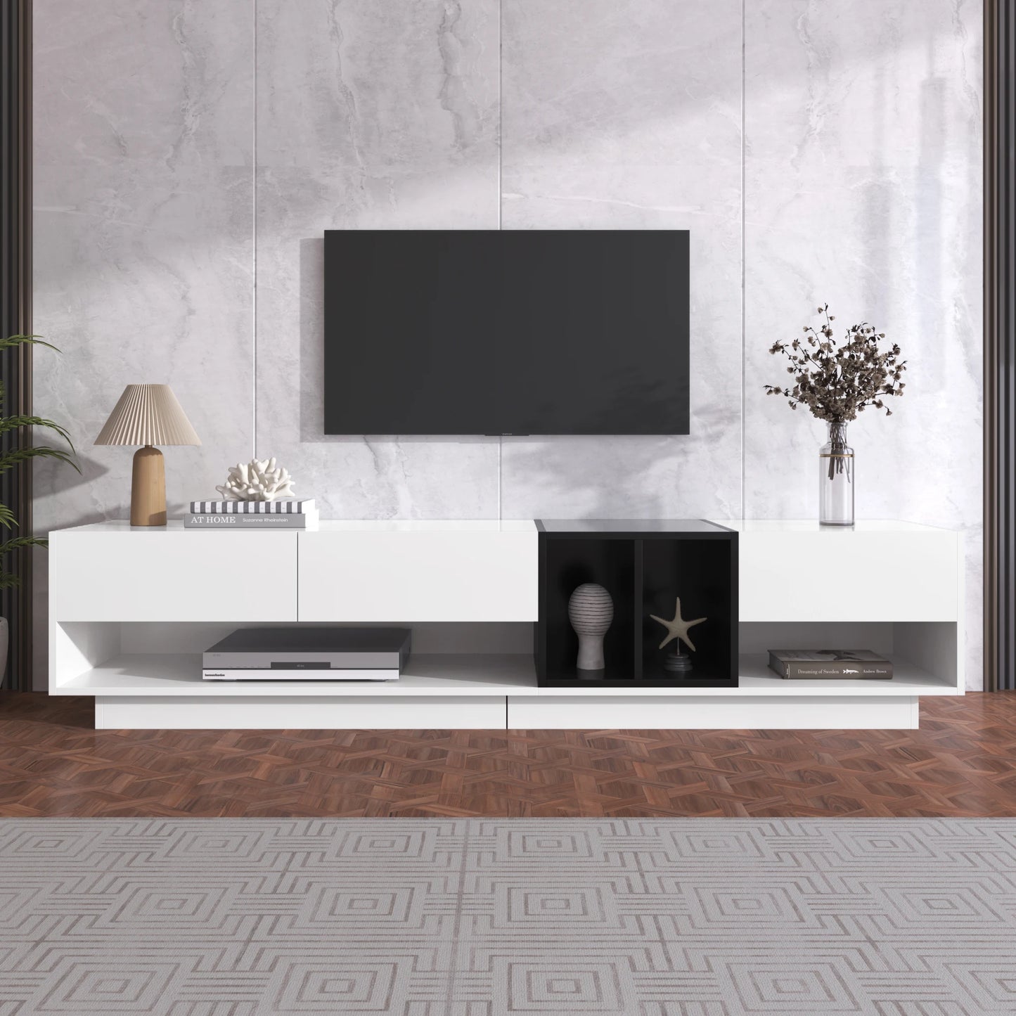 Tv-Meubel – Tv-Kast – Lowboard – Opbergkast – Mediameubel – Hoogglans Zwart-Wit – Compact Formaat – Duurzaam Spaanplaat