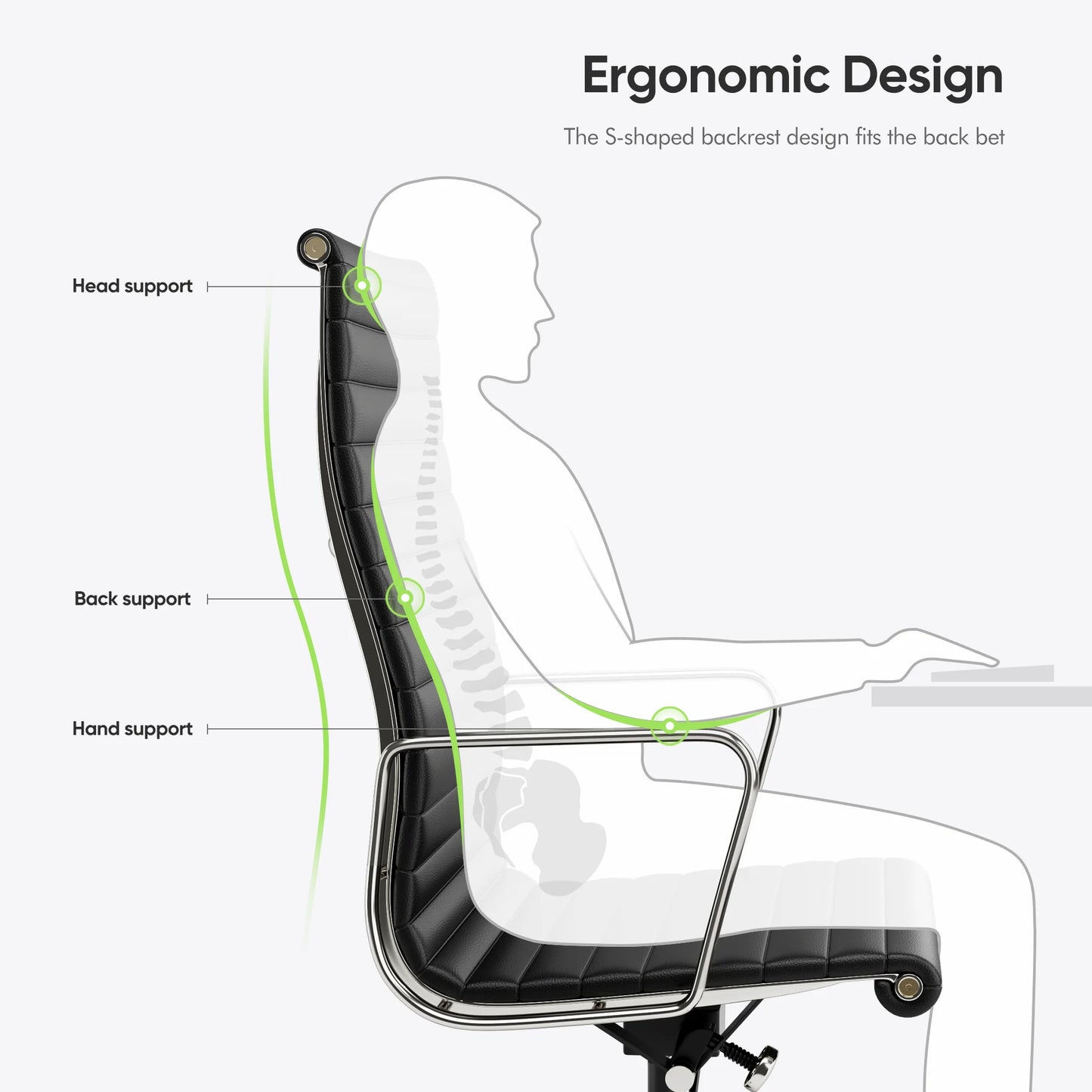 Bureaustoel – Werkstoel – Kantoorstoel – Ergonomische Stoel – Stoel Met Echt Leer – Aluminium Frame – S-vormige Rugleuning - met Lage Rug
